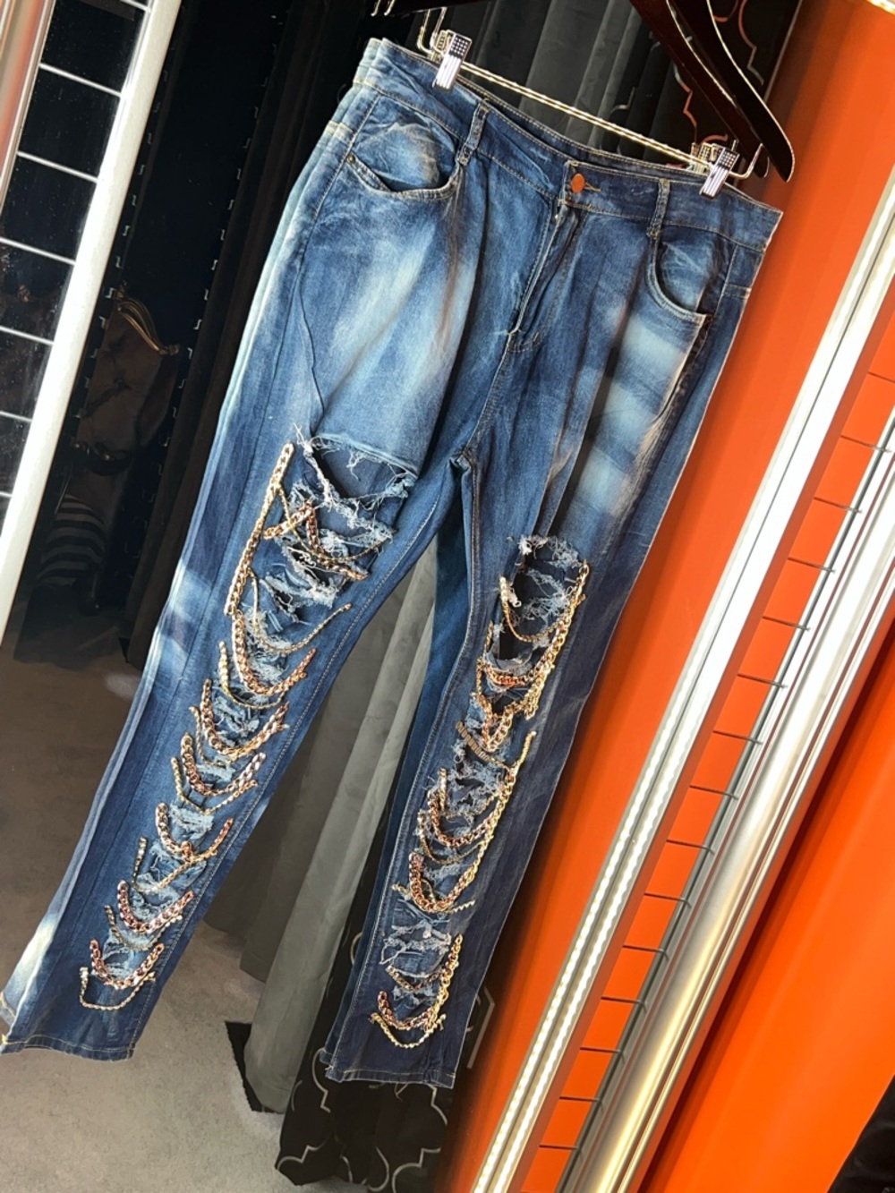 Midnight Muse Rhinestone & Studded Distressed Blue Denim Jeans 💎💙
